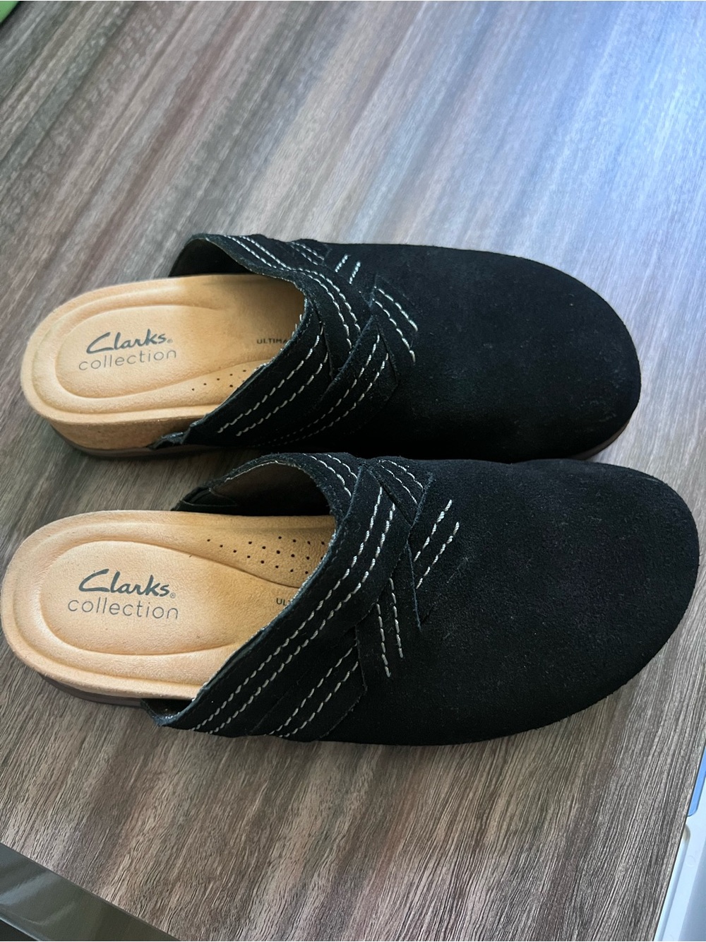 Clarks Black Suede Slip-On Mules with Contrast Stitching